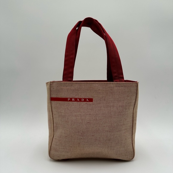 Authentic Prada Red & Beige Canvas Handbag - Picture 3 of 17